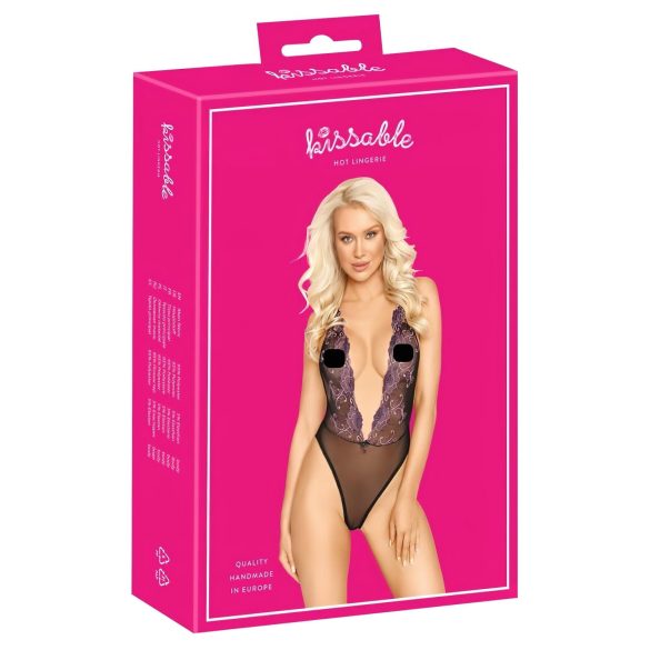 Skūpstāmā - rozā izšūts bodijs (melns) - L/XL