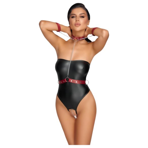 Cottelli Bondage - mirdzošs bodijs un roku aproces (melns)