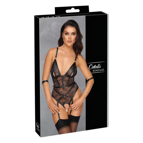 Cottelli Bondage - sieviešu atvērts ķermeņa bodijs ar roku dzelžiem, melns