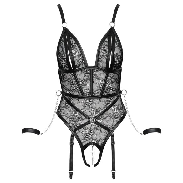 Cottelli Bondage - sieviešu atvērts ķermeņa bodijs ar roku dzelžiem, melns