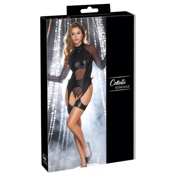 Cottelli Bondage - sieviešu caurspīdīgs tops ar roku dzelžiem melns