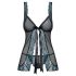 Obsessive Amanta - izšūts babydoll un stringbiksītes (melna-tirkīza)