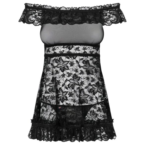 Obsessive Flores - volānveida babydoll un stringbiksītes (melns) - L/XL