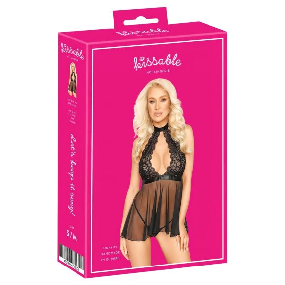 Skūpstāms mežģīņu babydoll ar kaklasiksnu (melns) - L/XL