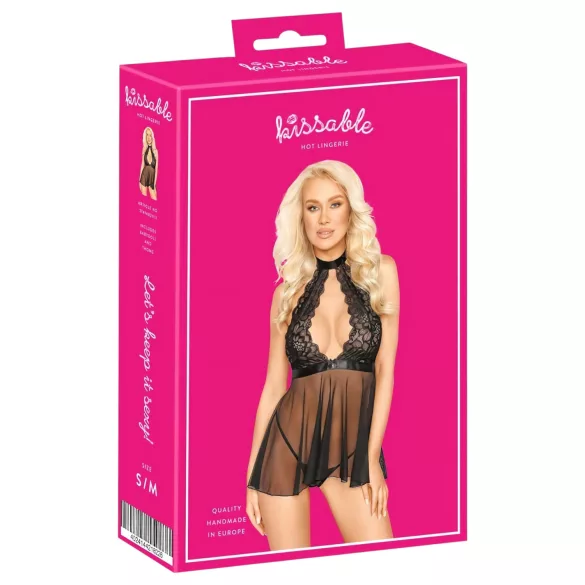Kissable - mežģīņu babydoll ar kakla siksnu, melna - L/XL