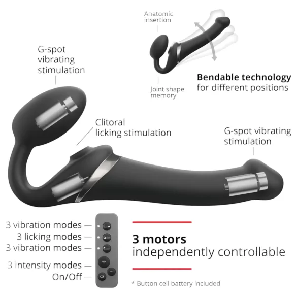 Strap-on-me vidējais strap-on vibrators ar viļņu stimulāciju, melns