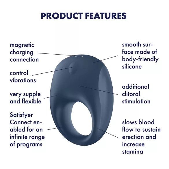 Satisfyer Strong One - lietotnes vadāms vibrējošs dzimumlocekļa gredzens vīriešiem (zils)