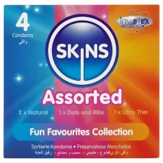   Skins - jauktas prezervatīvu komplekts - ar punktiņiem, naturālie, īpaši plānie (4 gab.)