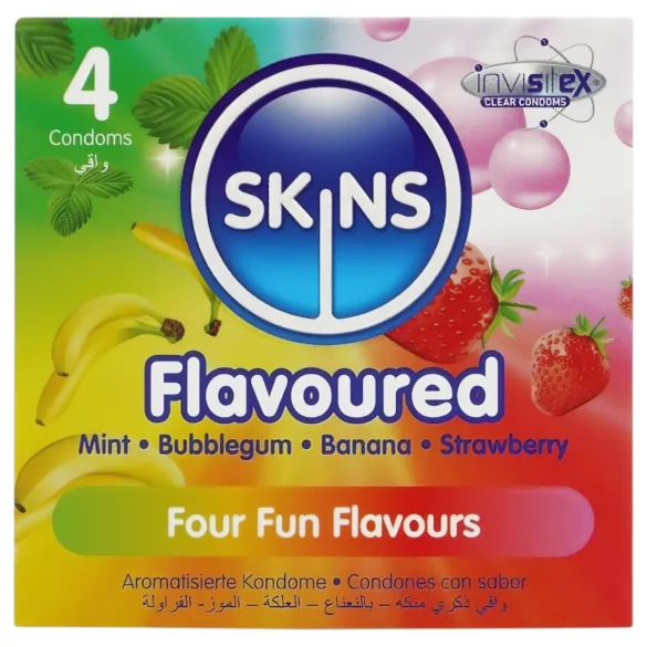 Skins - aromatizēts prezervatīvs - piparmētra, košļājamā gumija, banāns, zemeņu (4 gab.)