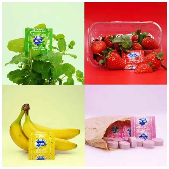 Skins - aromatizēts prezervatīvs - piparmētra, košļājamā gumija, banāns, zemeņu (4 gab.)