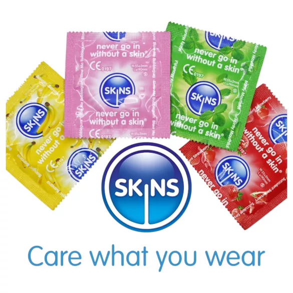 Skins - aromatizēts prezervatīvs - piparmētra, košļājamā gumija, banāns, zemeņu (4 gab.)