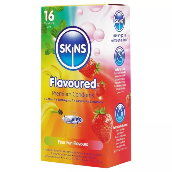 Skins - aromatizēti prezervatīvi - piparmētra, košļājamā gumija, banāns, zemeņu (16 gb)