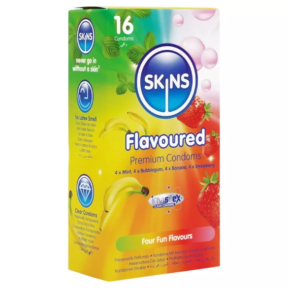 Skins - aromatizēti prezervatīvi - piparmētra, košļājamā gumija, banāns, zemeņu (16 gb)
