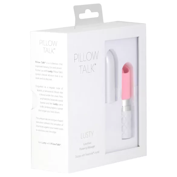 Pillow Talk Lusty - akumulatora, ar mēlīti aprīkots stienīša vibrators (balts-rozā)