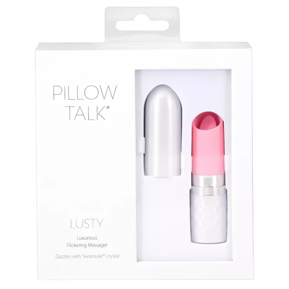 Pillow Talk Lusty - akumulatora, ar mēlīti aprīkots stienīša vibrators (balts-rozā)