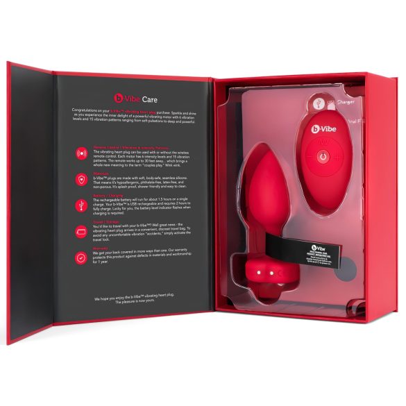 b-vibe heart - akumulators, radio anālais vibrators (sarkans)