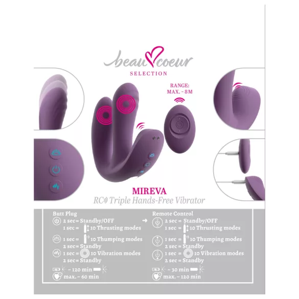 Beau Coeur Mireva - vibrators ar trīs zariem, tālvadība, violets