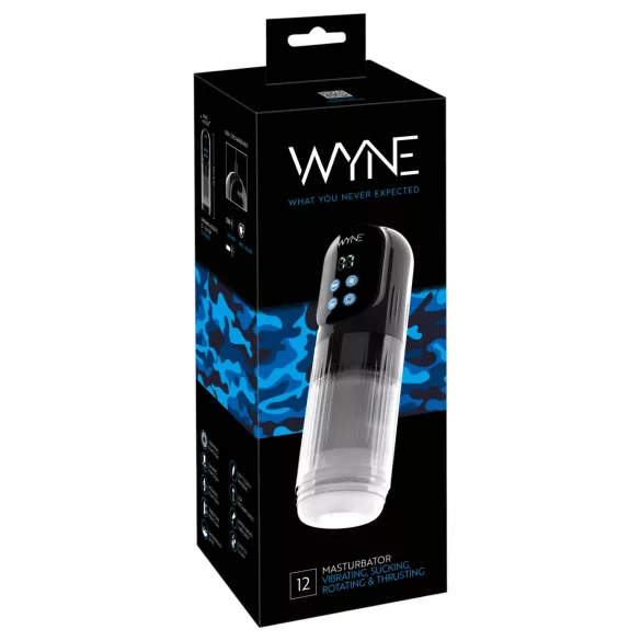 WYNE 12 - sūcošs, rotējošs un vibrējošs akumulatora masturbators (melns)