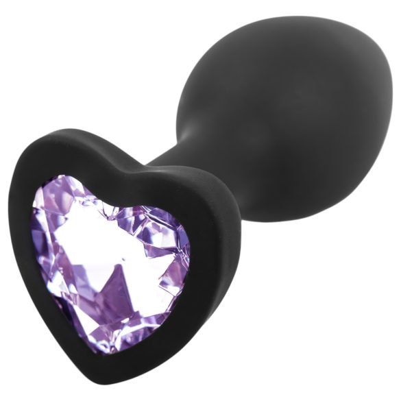 Sunfo - silikona anālais spraudnis ar sirds formas akmeni (melns-violets)