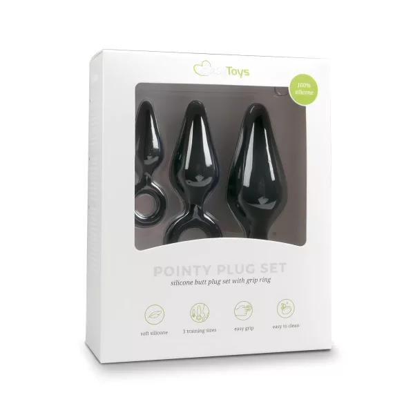 Easytoys - anālais spraudnis ar gredzenu komplekts 3 gab melns