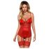 Obsessive Lovica - Mežģīņu zeķtura tops un stringbiksītes (sarkanas) - L/XL