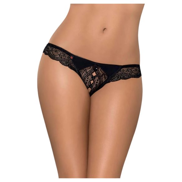 Obsessive Miamor - sieviešu atvērtā mežģīņu stringbiksīte ar akmentiņiem (melna) - L/XL