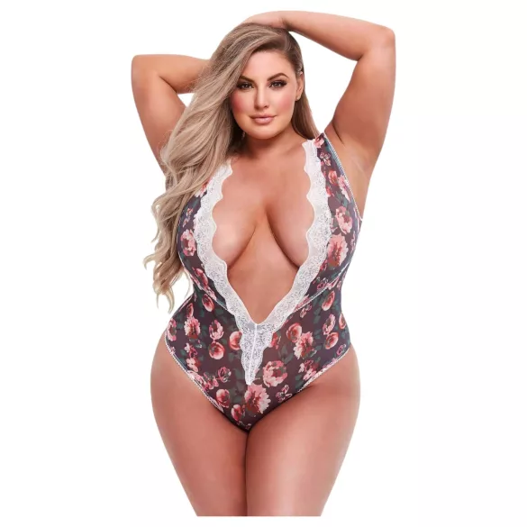 Baci plus size sieviešu mežģīņu bodijs ar ziedu rakstu
