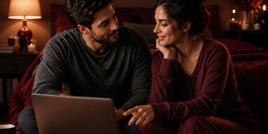 Pāris atklāti runā par to, kā lūgt to, ko vēlies gultā, mājīgā guļamistabā, lovesexshop.lv seksa veikals