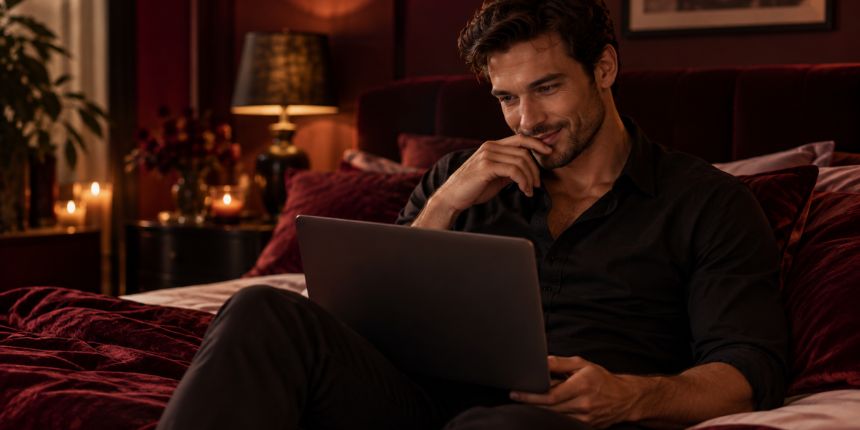 Vīrietis sēž gultā ar portatīvo datoru, lasot par masturbācijas padomiem | lovesexshop.lv seksa veikals